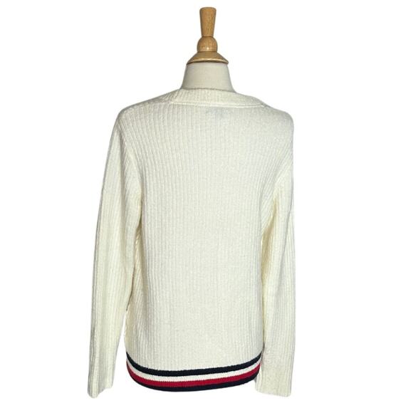 Tommy Hilfiger White Cream Texture Fuzzy Sweater Navy Red Detailing Wool Blend - Picture 2 of 11